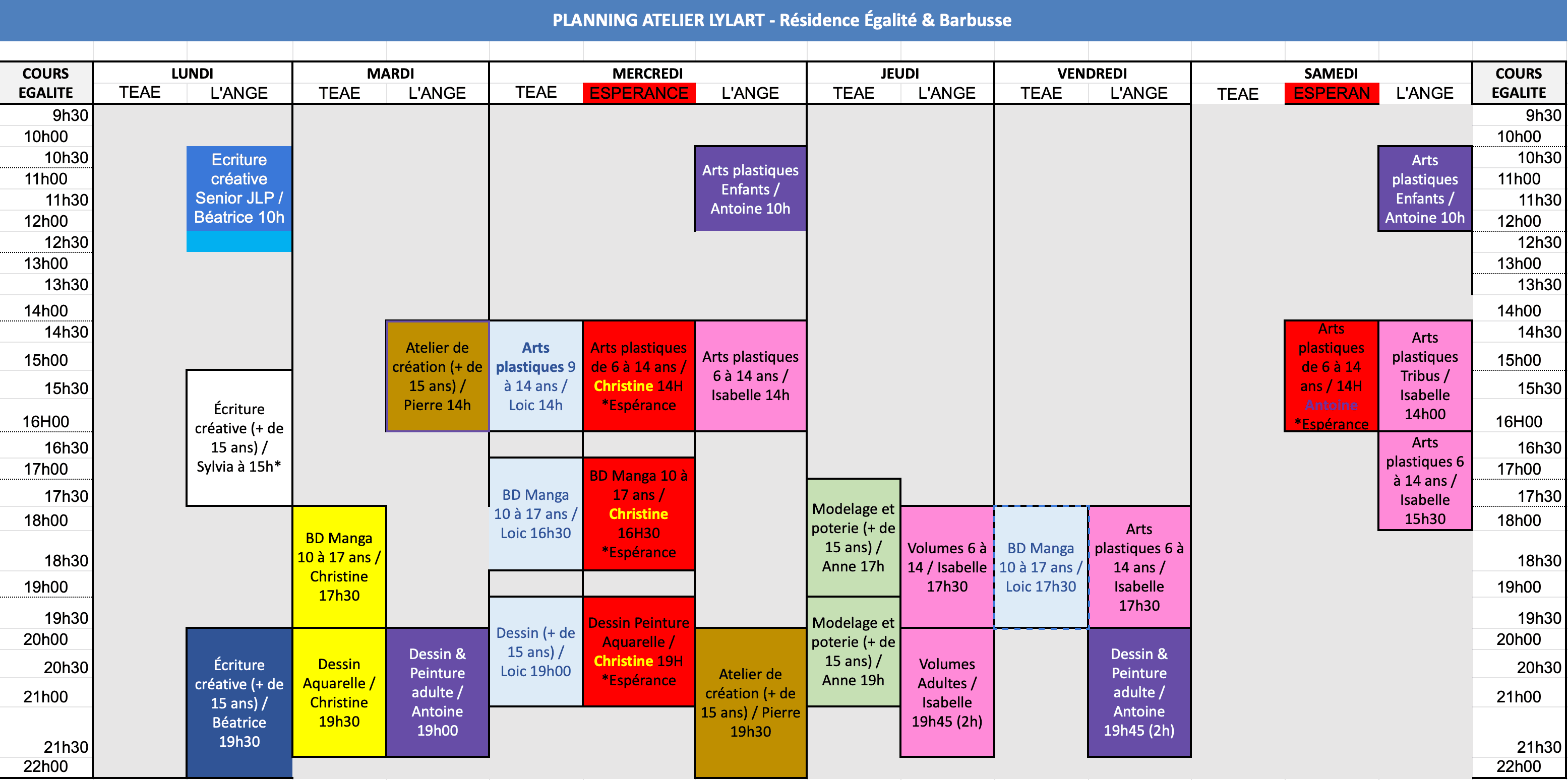 Planning Résidence Égalité - Salle l'Ange bout